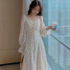 Puff-sleeve Heart Print Drawstring Midi A-line Dress
