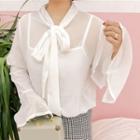 Set: Tie-neck Bell-sleeve Chiffon Blouse + Camisole Top