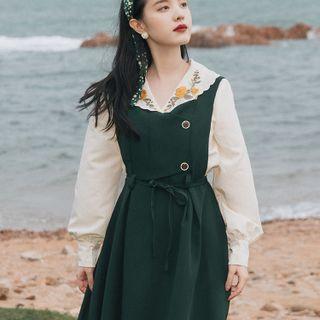Set: Flower Embroidered Blouse + Midi Overall Dress