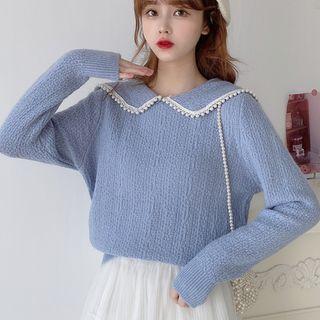 Long-sleeve Collared Faux Pearl Top