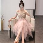 Mesh Panel Off-shoulder Elbow-sleeve Midi A-line Dress