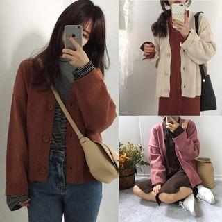 Plain Cardigan / Striped High Neck Long-sleeve T-shirt