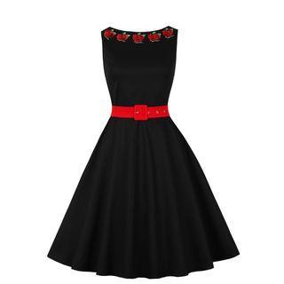 Sleeveless Floral Embroidered Belted Midi A-line Dress