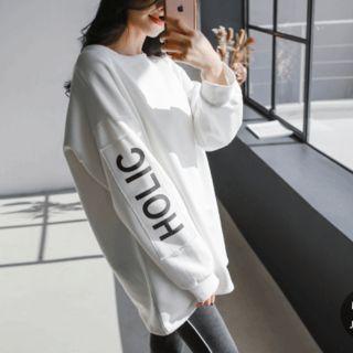 Lettering Brushed-fleece Lined Long Pullover