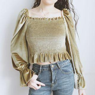 Square-neck Long-sleeve Corduroy Top