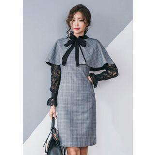 Set: Beribboned Glen-plaid Cape + Sleeveless Sheath Dress