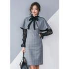 Set: Beribboned Glen-plaid Cape + Sleeveless Sheath Dress