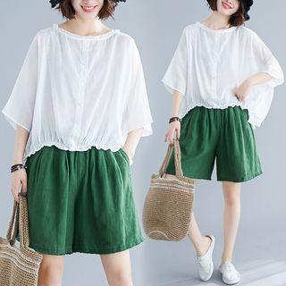 Set: Oversize 3/4-sleeve Blouse + Wide-leg Shorts