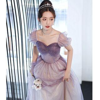 Puff-sleeve Gradient Mesh A-line Evening Gown
