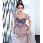 Puff-sleeve Gradient Mesh A-line Evening Gown