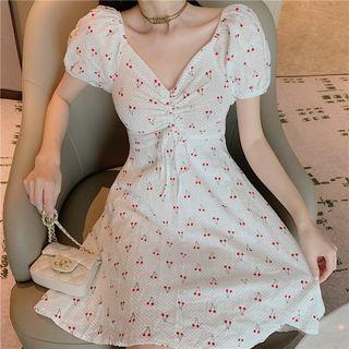 Short-sleeve Cherry Print Drawstring Dress As Shown In Figure - One Size