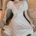 Short-sleeve Cherry Print Drawstring Dress As Shown In Figure - One Size