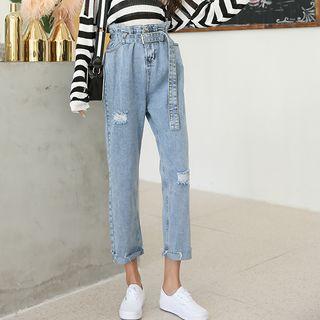 High-waist Ripped Washed Jeans With Belt
