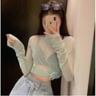 Long-sleeve Lettering Print Mesh T-shirt