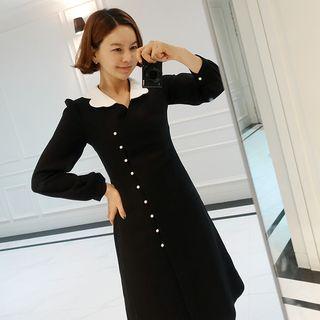 Scallop-collar Faux-pearl Shirtdress