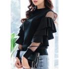 Frilled-sleeve Mesh-detail Knit Top