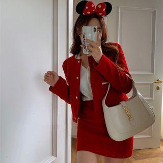 Long-sleeve Button Knit Top / Jacket / Mini Fitted Skirt / Set