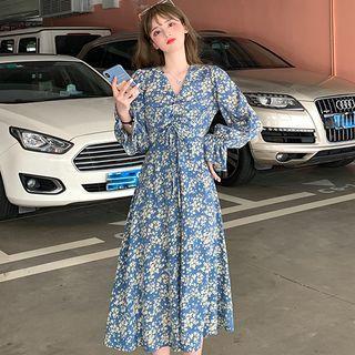 Long-sleeve V-neck Floral Drawstring Midi Dress
