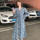 Long-sleeve V-neck Floral Drawstring Midi Dress