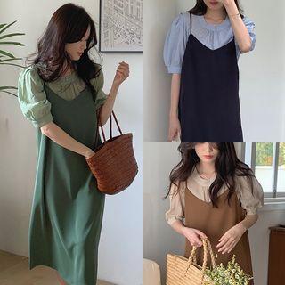 Short-sleeve Blouse / Spaghetti Strap Midi Dress
