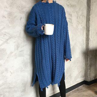 Distressed Long-sleeve Midi Cable Knit Sweater