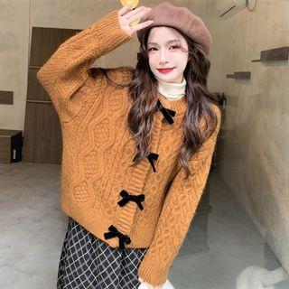 Bow Detail Cable-knit Cardigan / Plaid Midi Pencil Skirt