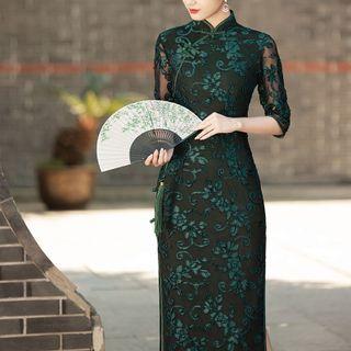 3/4-sleeve Floral Midi Sheath Qipao Dress