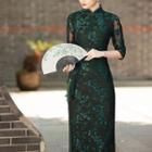 3/4-sleeve Floral Midi Sheath Qipao Dress