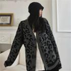 Leopard V-neck Knit Cardigan Gray - One Size