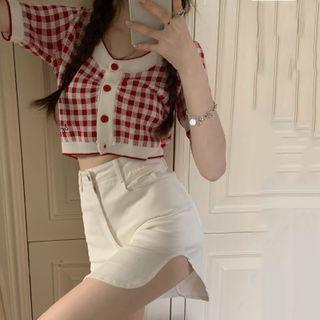 Short-sleeve Plaid Knit Top / Pencil Skirt