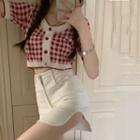 Short-sleeve Plaid Knit Top / Pencil Skirt