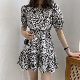 Short-sleeve Leopard Print A-line Dress Black & White - One Size