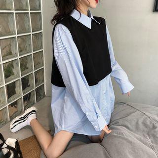 Striped Shirt / Cropped Knit Vest