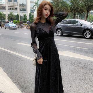 Set: Mesh Long-sleeve Top + Spaghetti Strap Velvet Midi A-line Dress