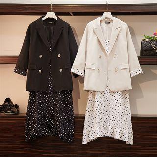 Set: Double-breasted Blazer + Dotted Midi Spaghetti Strap Dress