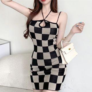 Spaghetti Strap Halter-neck Cutout Plaid Mini Bodycon Dress