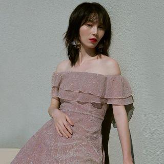 Short-sleeve Off-shoulder Glitter Midi A-line Dress