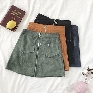 Plain Double-pocket High-waist Zipper Suede Skirt