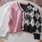 Argyle Color Block Cardigan Argyle - Black & White & Pink - One Size