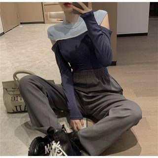 Cold-shoulder Long-sleeve Top Blue - One Size