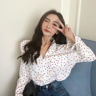 Dot Long-sleeve Blouse White - One Size
