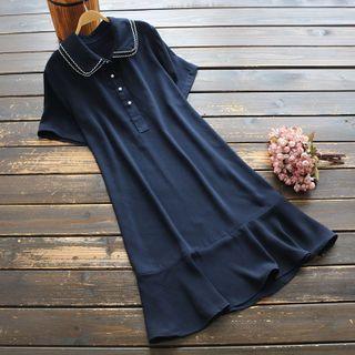 Short-sleeve Embroidered Polo-neck Chiffon Dress