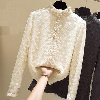 Half-button Mock-neck Lace Blouse