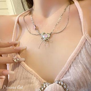 Heart Rhinestone Pendant Layered Alloy Choker