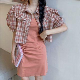 Puff-sleeve Cropped Shirt / Spaghetti-strap Mini Sheath Dress