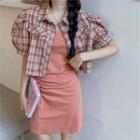 Puff-sleeve Cropped Shirt / Spaghetti-strap Mini Sheath Dress