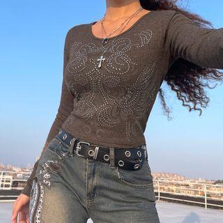 Rhinestone Long-sleeve Crop Top