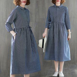 3/4-sleeve Striped A-line Midi Shirtdress