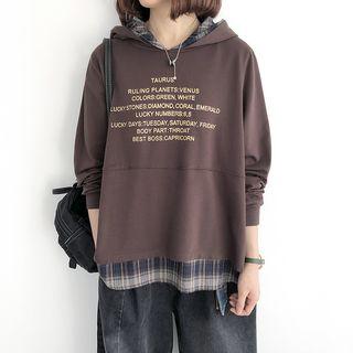 Plaid-panel Lettering Hoodie Coffee - One Size