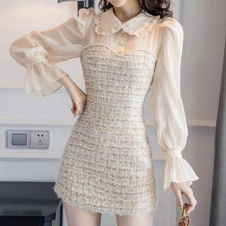 Puff-sleeve Paneled Tweed Sheath Dress